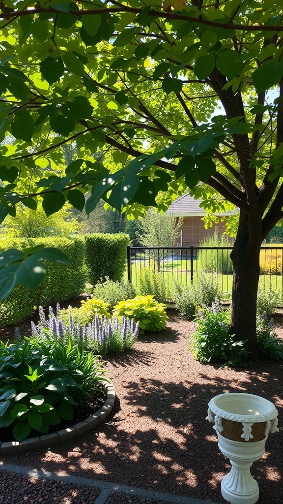 A shaded garden area with various plants and a decorative pot.