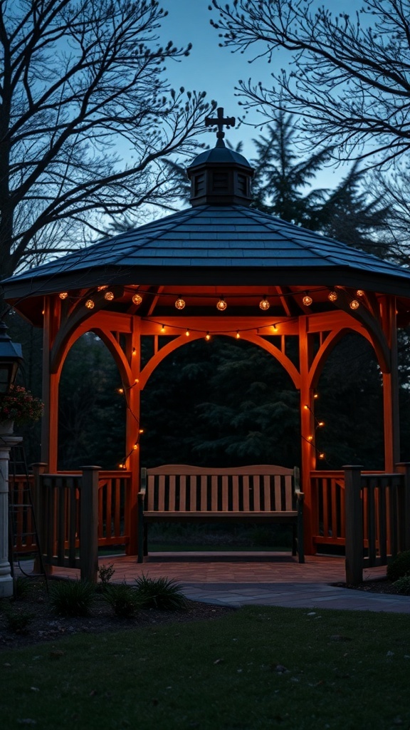 A cozy gazebo with string lights, featuring a wooden bench and surrounded by trees.
