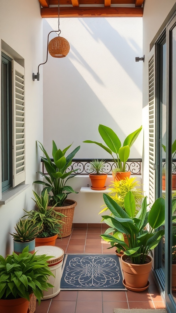 A small balcony garden with various plants in pots and a pendant light.