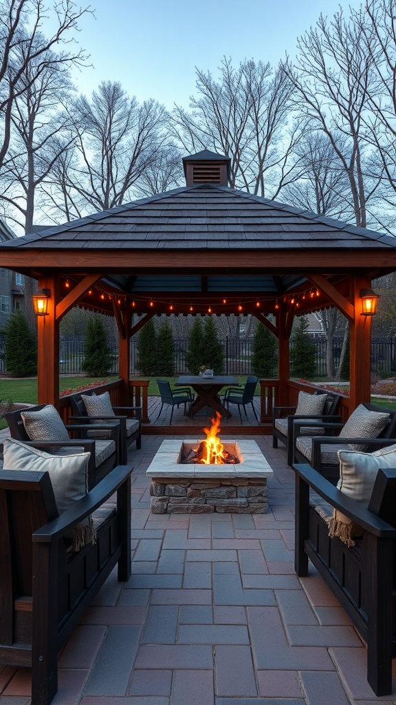 A gazebo with a fire pit, surrounded by seating and trees.