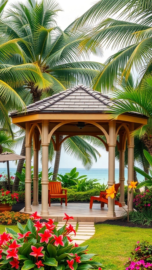 A tropical-style gazebo surrounded by palm trees and colorful flowers, offering a serene retreat.