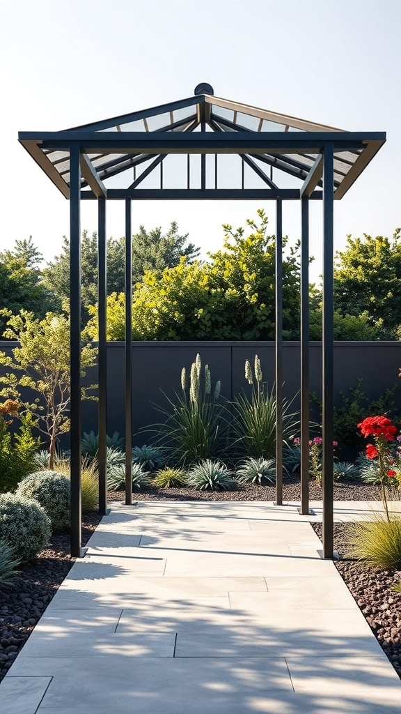 A modern metal gazebo with a glass roof surrounded by lush greenery and flowers.