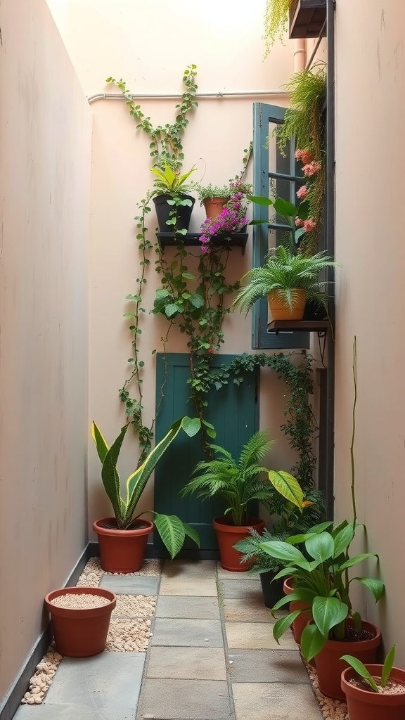 A small courtyard with vertical gardens featuring various potted plants and climbing vines.
