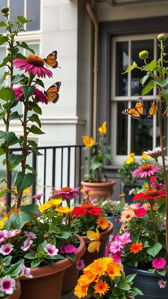 A colorful balcony garden filled with various flowers and butterflies.