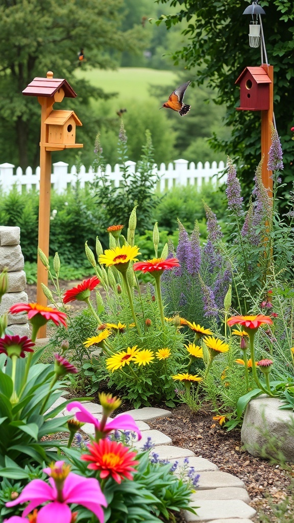 A colorful garden with flowers, birdhouses, and a butterfly in flight.