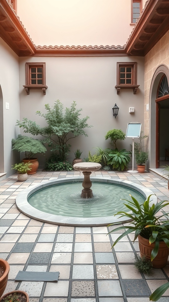 A small courtyard featuring a round fountain surrounded by plants and greenery.
