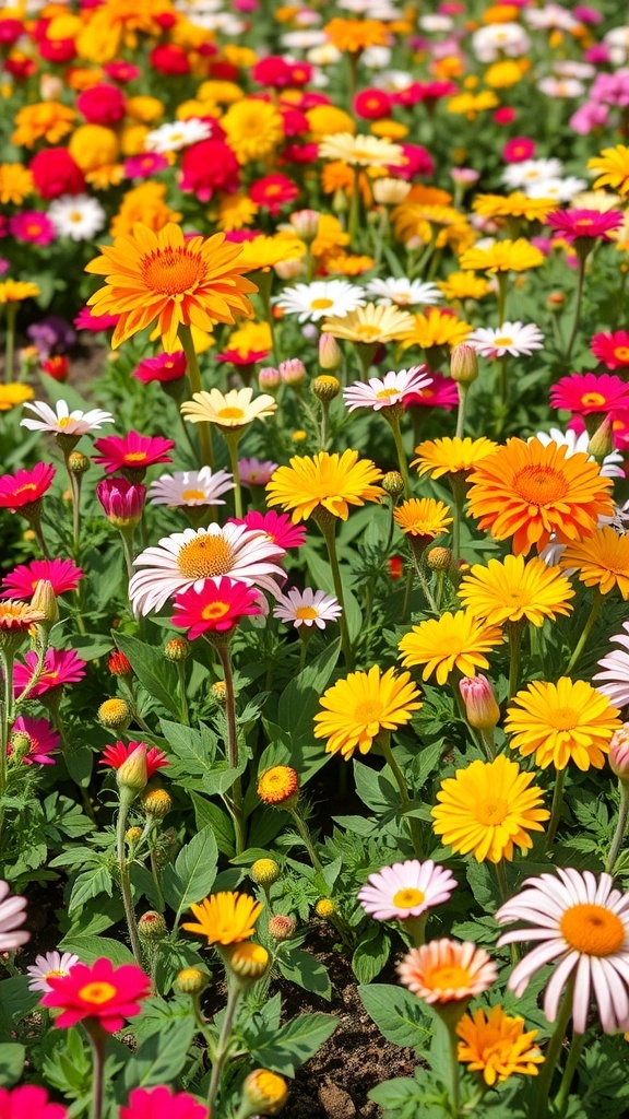 A vibrant display of colorful flowers including daisies and gerberas in various shades of yellow, pink, and red.