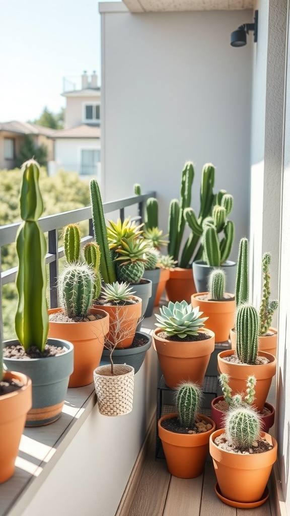 A small balcony garden featuring various succulents and cacti in terracotta pots.