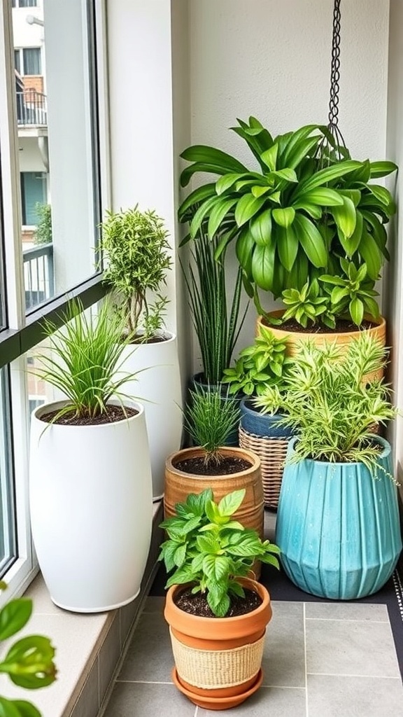 A collection of various planters filled with plants on a small balcony.