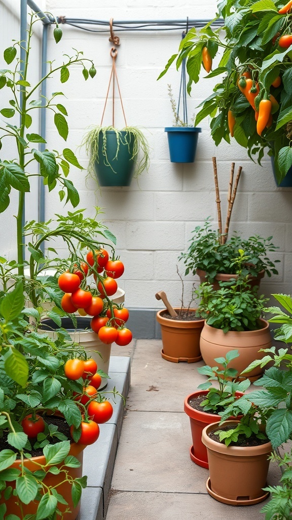 A small patio garden with potted tomato plants and peppers.