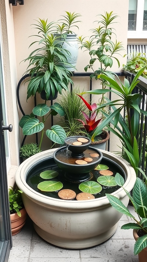 A small balcony garden featuring a fountain surrounded by various plants.