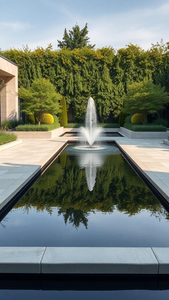 A modern garden featuring a sleek fountain surrounded by lush greenery and reflective water.