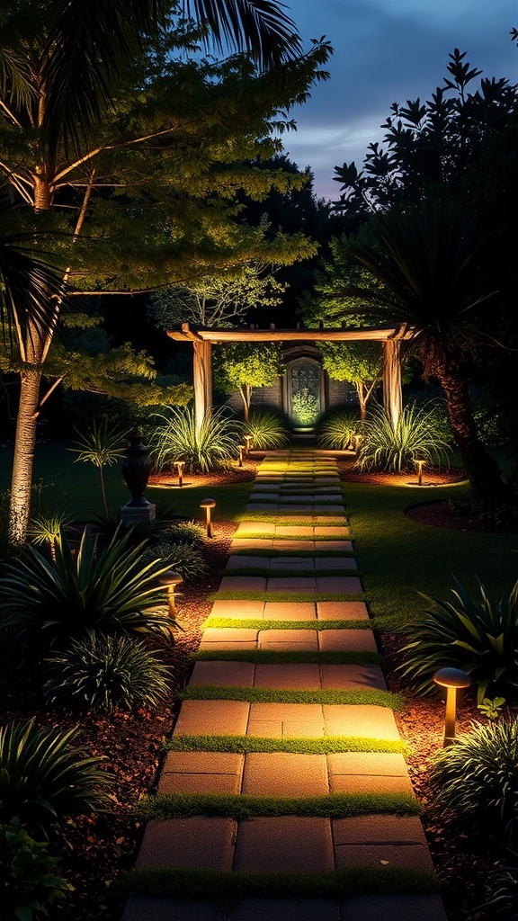 A beautifully lit garden pathway with lights illuminating the way through lush greenery.