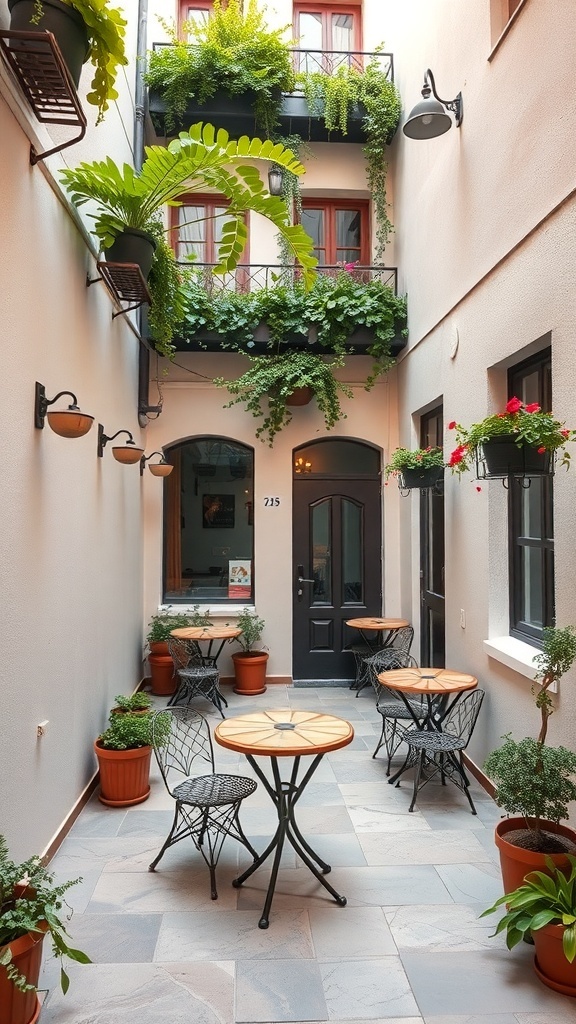 A small courtyard with bistro-style seating, featuring wooden tables, black chairs, and lush greenery.
