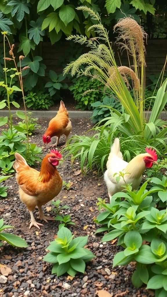Chickens in a garden with plants