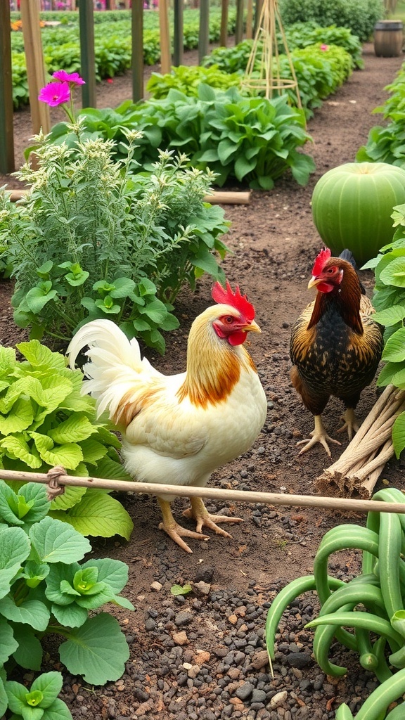 Two chickens in a vibrant garden with various plants