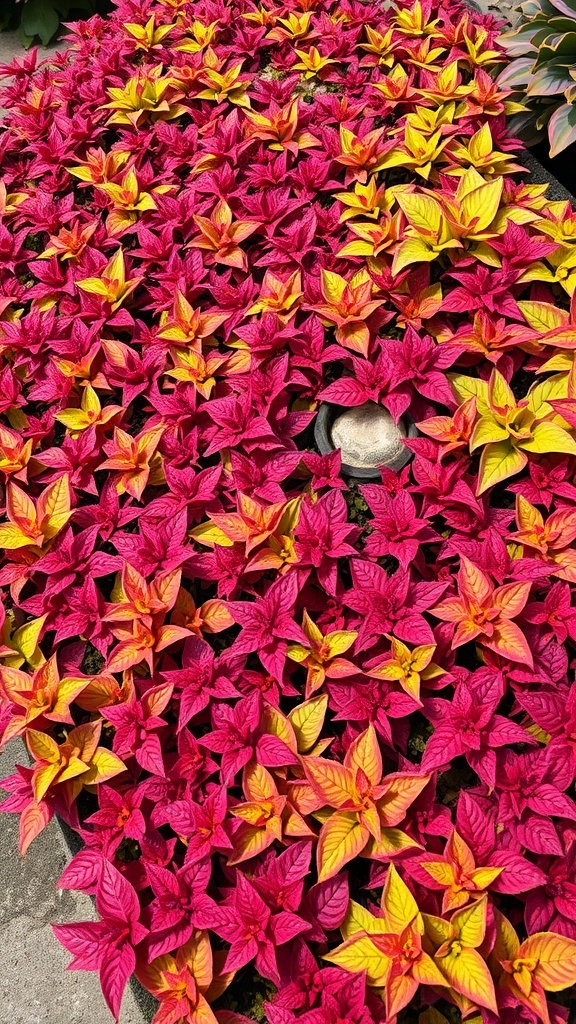A vibrant patch of colorful ground cover plants with pink and yellow leaves.