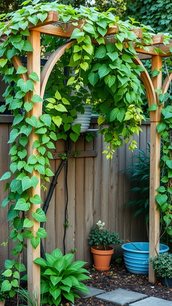 Wooden trellis with climbing plants in a small garden