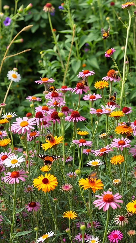 A vibrant wildflower nook filled with colorful flowers and butterflies.