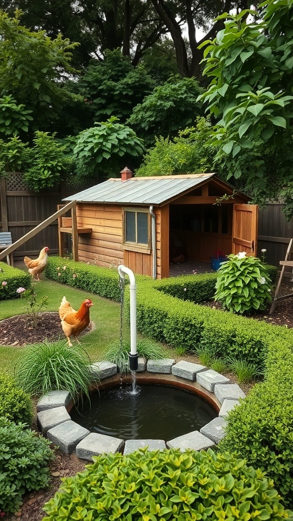 A chicken coop with a water source in a garden setting