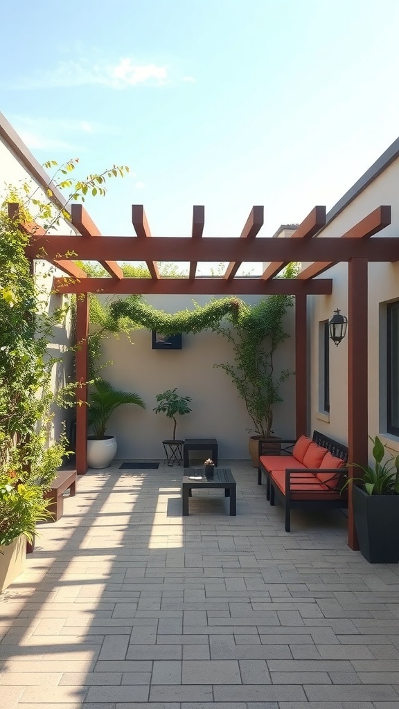 A small courtyard with a pergola, seating area, and greenery.