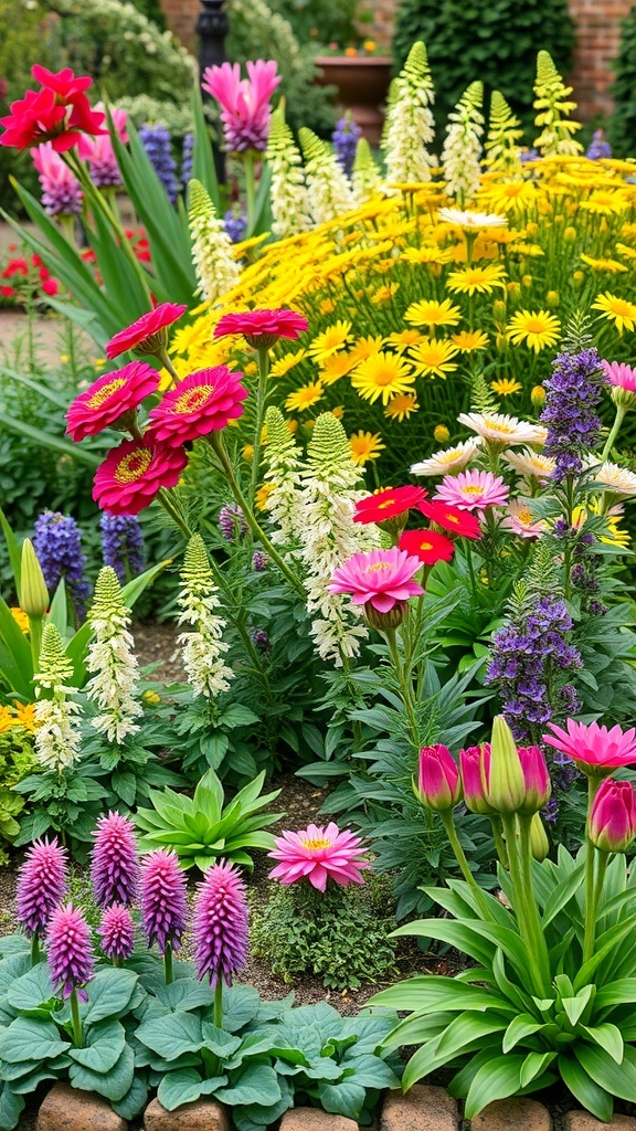 A colorful garden filled with various flowers including tulips, daisies, and zinnias.