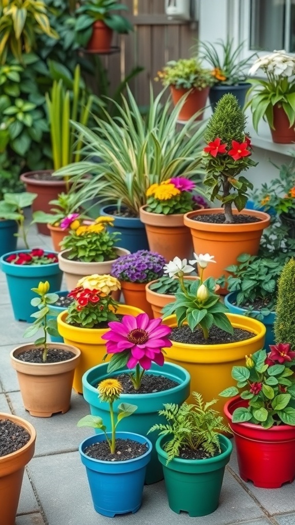 Colorful pots filled with various plants and flowers in a small garden setting.