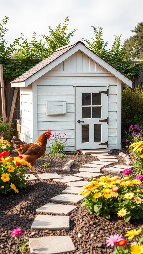 A charming chicken coop surrounded by colorful flowers and a stone pathway.