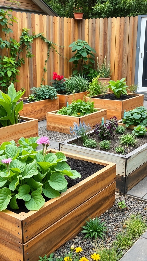 A garden featuring multiple wooden raised beds filled with various plants, surrounded by a wooden fence.