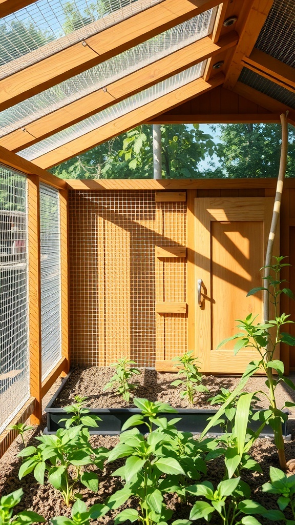 Interior view of a chicken coop with plants and ventilation features