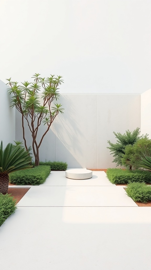 A sleek minimalist garden featuring a white surface, lush greenery, and a circular seating area.