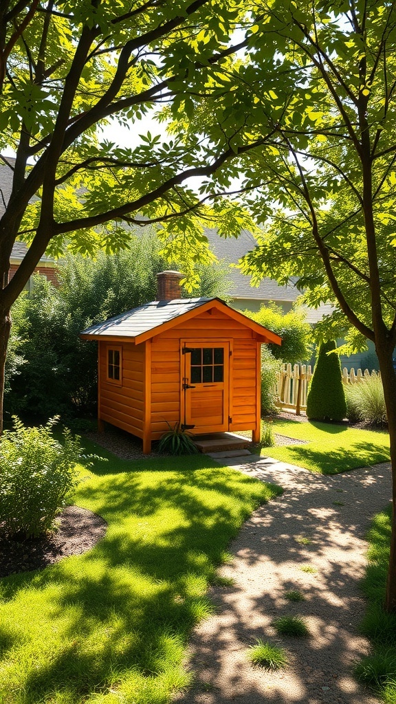 A wooden chicken coop surrounded by greenery and trees, with a clear path leading to it.