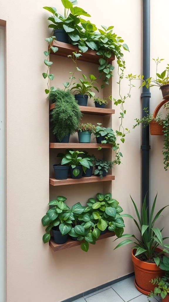 Vertical garden shelf with various plants