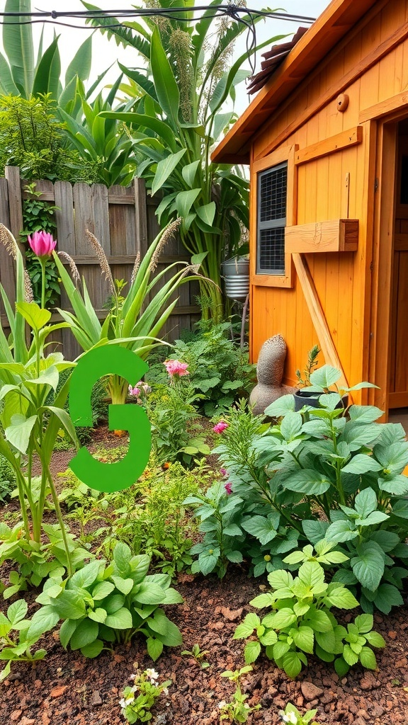A colorful herb garden next to a chicken coop with various plants and flowers.
