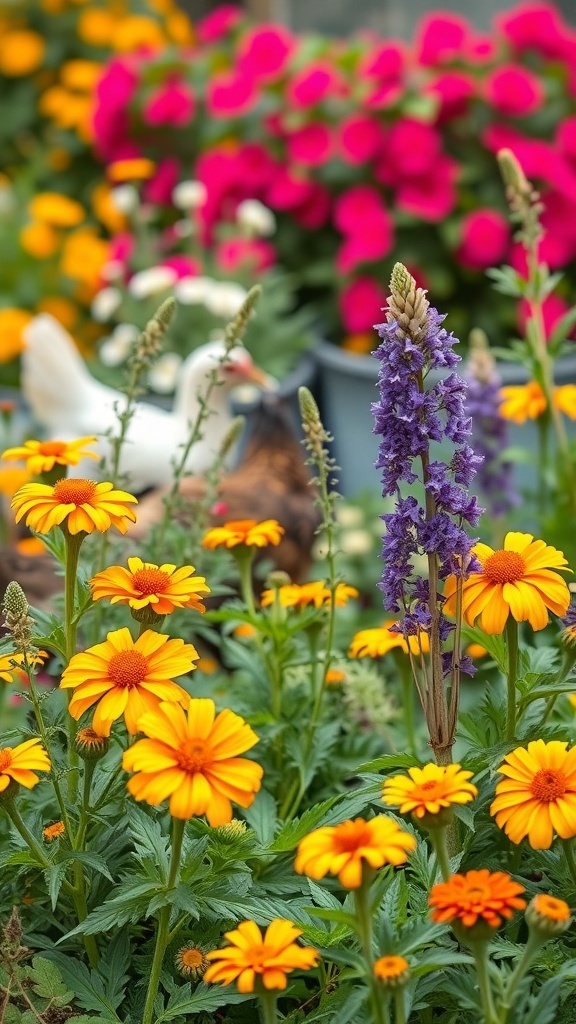 Colorful garden with yellow and purple flowers, ideal for companion planting with chickens.