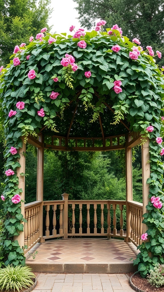 A wooden gazebo covered in climbing vines and pink flowers, set in a lush green garden.