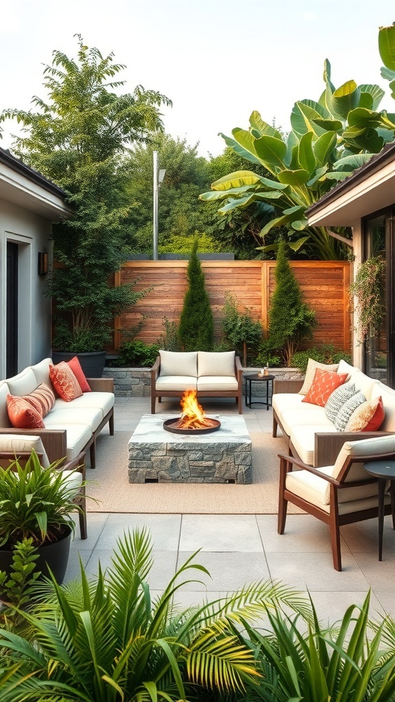 Cozy outdoor living space with seating around a fire pit, surrounded by greenery.