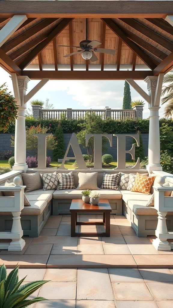 A cozy gazebo with integrated seating, featuring cushions and a small table, surrounded by greenery.