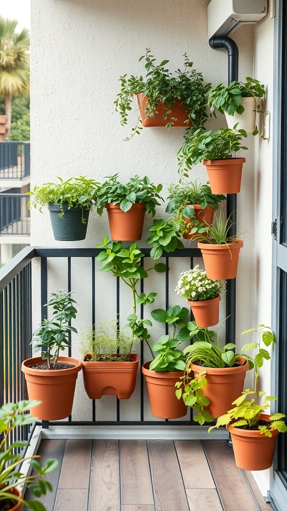 A vertical garden on a small balcony with various potted plants arranged against a wall.