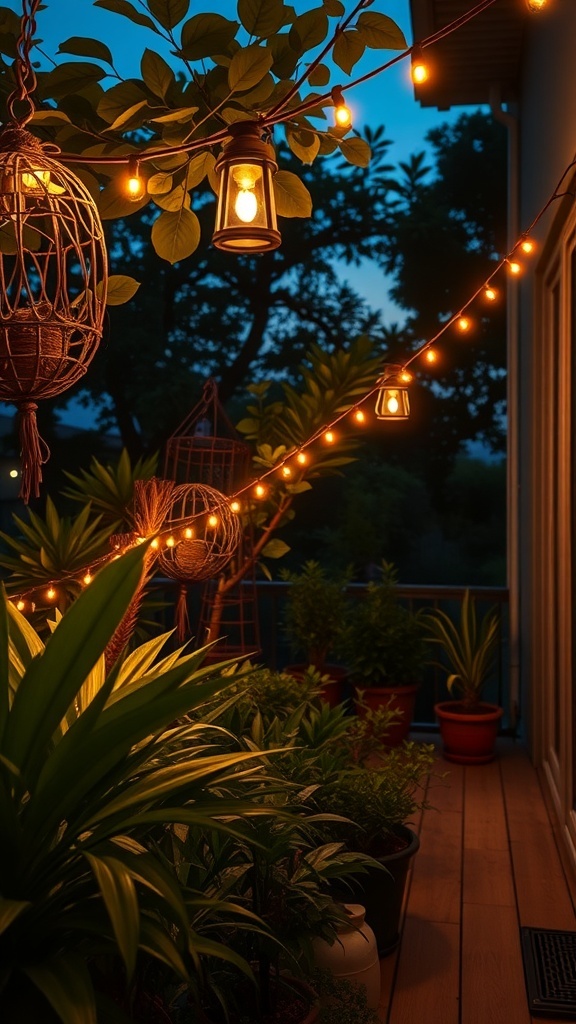 A small balcony garden with warm string lights and lanterns illuminating lush plants.