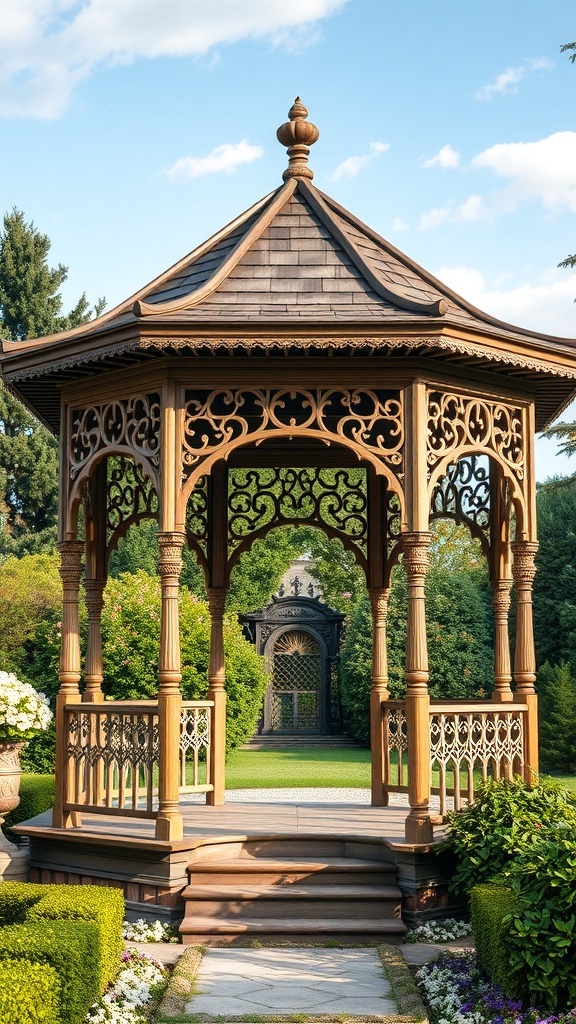 A vintage gazebo with ornate wooden details, surrounded by greenery and flowers.