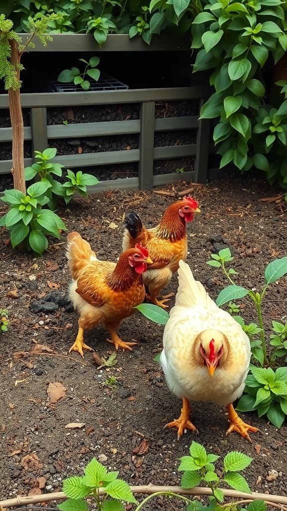 Chickens in a garden with lush greenery and a compost area