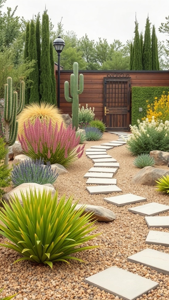 A low-maintenance garden with a pathway, cacti, and colorful plants.