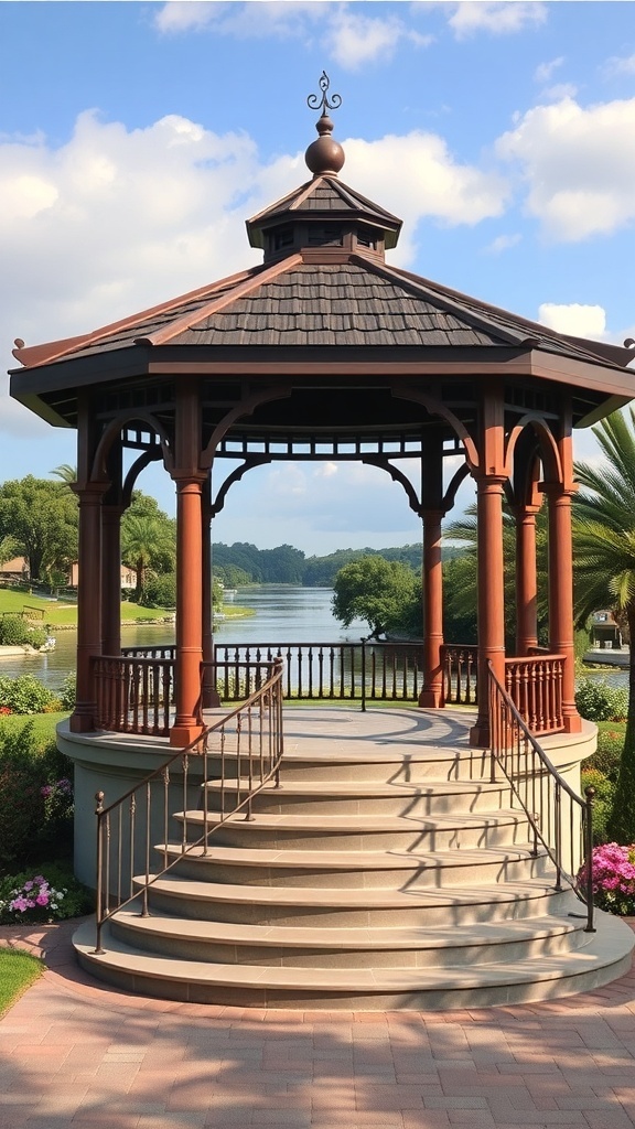 A multi-level gazebo by a lake, featuring a tiered design and steps leading up to it.