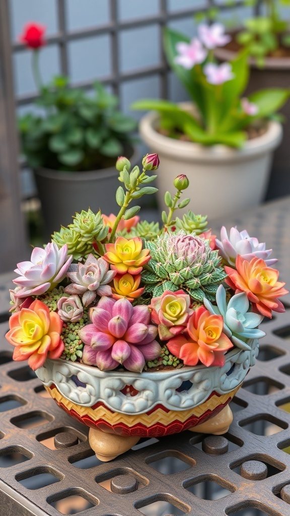 A colorful arrangement of various succulents in a decorative pot on a table.