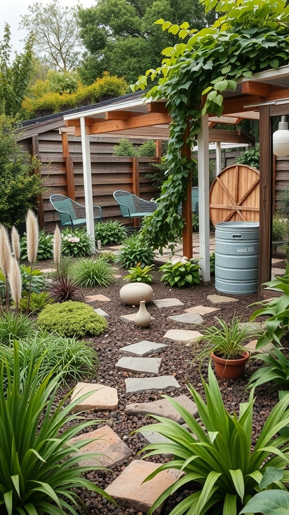 A modern garden with stone pathways, greenery, and a rainwater collection system.