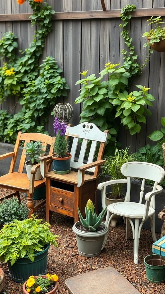 A small garden featuring repurposed wooden chairs and potted plants.