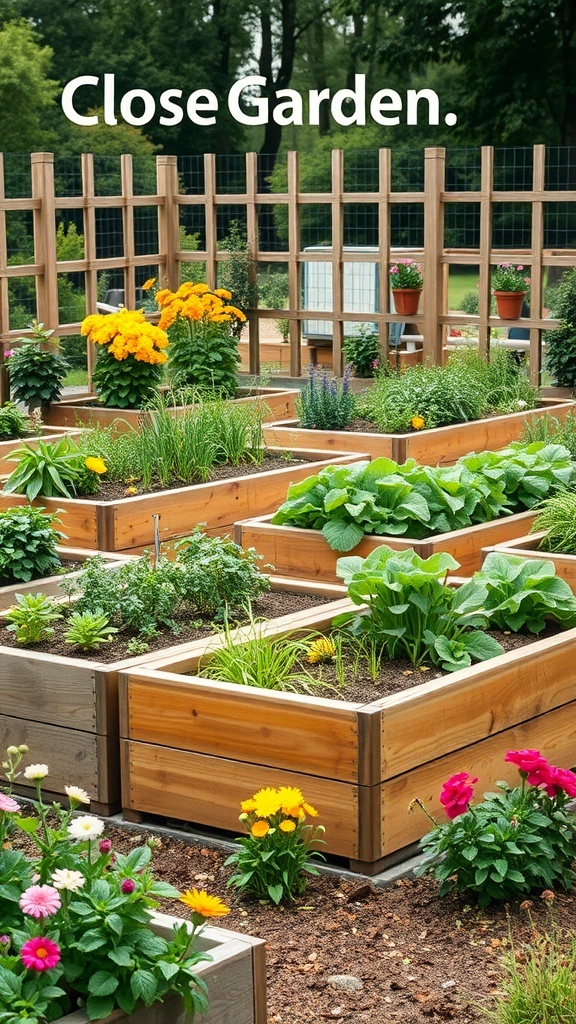 A modern edible garden featuring raised beds with vegetables and colorful flowers.