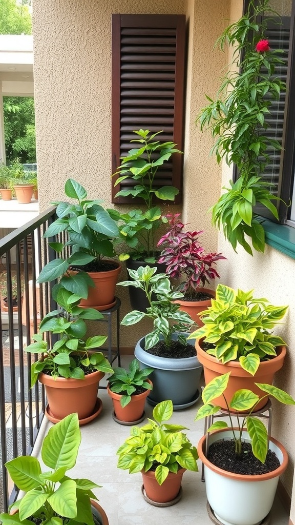 A person tending to a small balcony garden filled with various plants in pots.