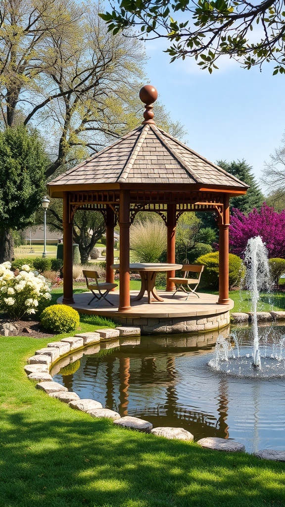 A gazebo with a water feature surrounded by greenery and flowers.